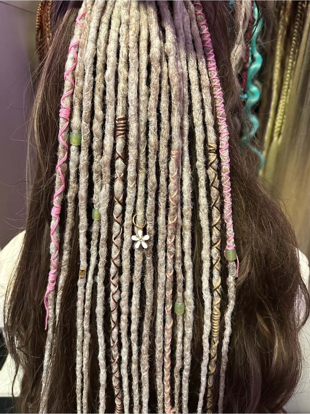 Boho Gray & Pink Synthetic Dreadlock Hair Wraps with Bead Accents